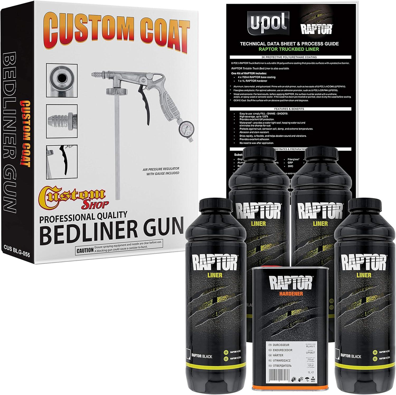 imageCUSTOM SHOP UPol Raptor Black Urethane SprayOn Truck Bed Liner 8 Quart Kit and Custom Coat Spray Gun with RegulatorBlack