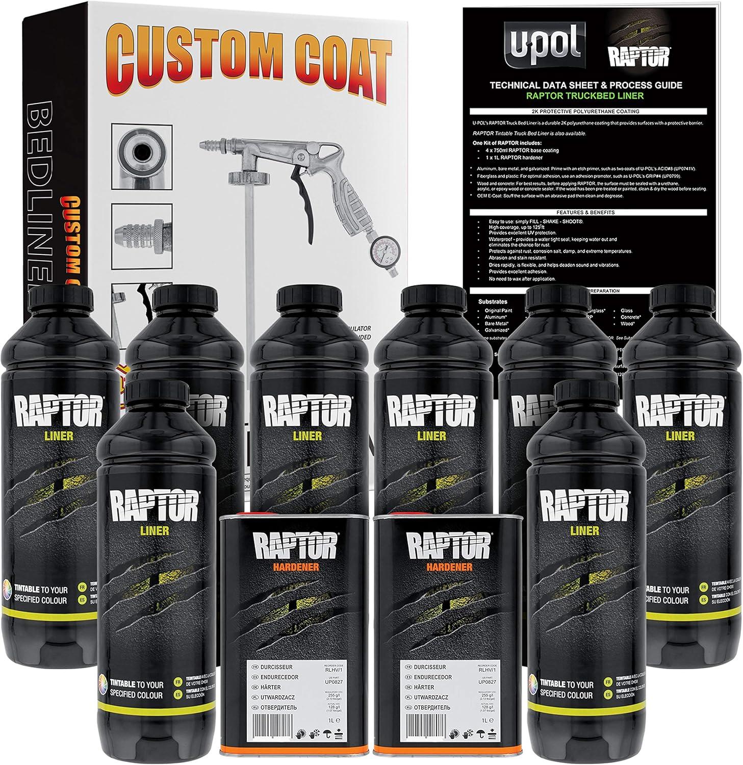 imageCUSTOM SHOP UPol Raptor Black Urethane SprayOn Truck Bed Liner 8 Quart Kit and Custom Coat Spray Gun with RegulatorTintable