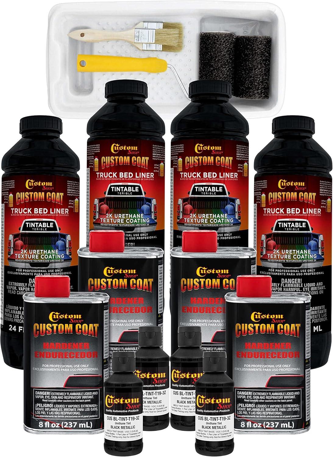 imageCustom Coat Black 1 Gallon Urethane RollOn BrushOn or SprayOn Truck Bed Liner Kit with Roller and Brush Applicator Kit  3 to 1 Mix Ratio  Durable Textured Car Auto Protective CoatingBlack Metallic