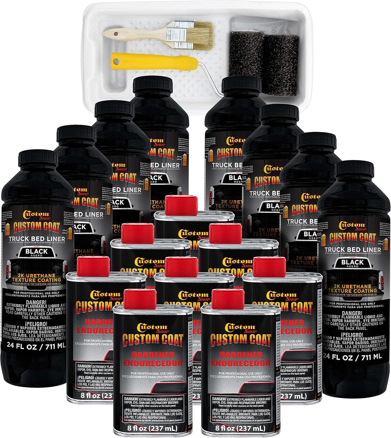 imageCustom Coat Black 1 Gallon Urethane RollOn BrushOn or SprayOn Truck Bed Liner Kit with Roller and Brush Applicator Kit  3 to 1 Mix Ratio  Durable Textured Car Auto Protective CoatingBlack
