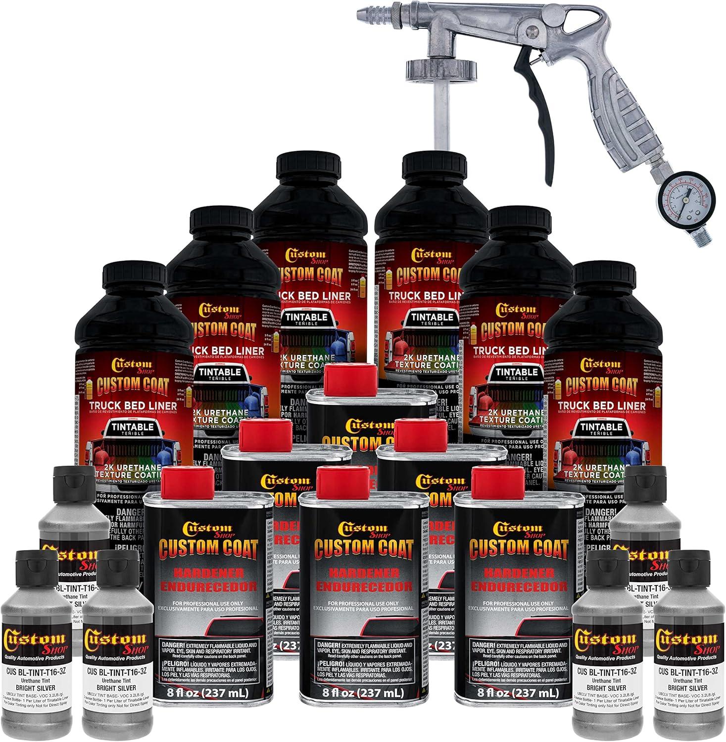 imageCustom Coat Black 1 Gallon Urethane RollOn BrushOn or SprayOn Truck Bed Liner Kit with Roller and Brush Applicator Kit  3 to 1 Mix Ratio  Durable Textured Car Auto Protective CoatingBright Silver