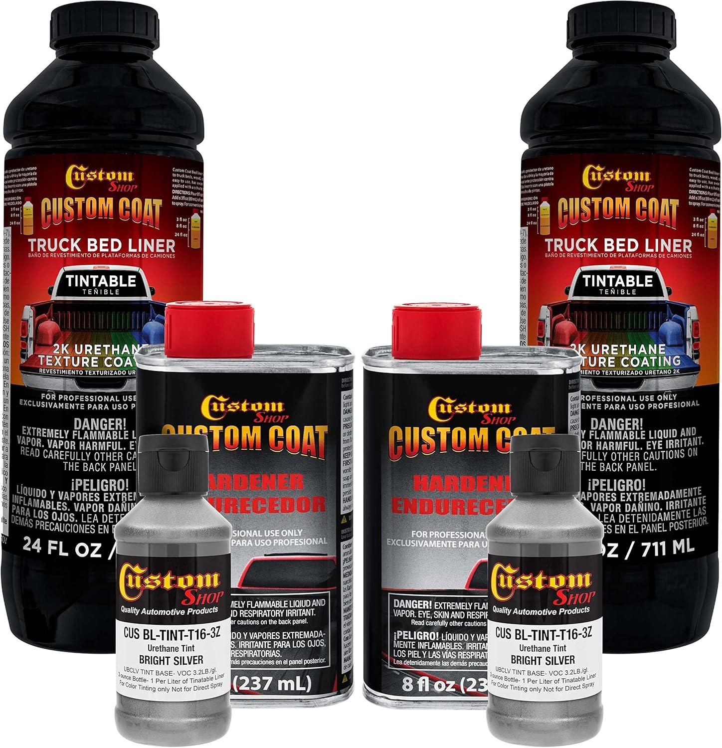imageCustom Coat Black 1 Gallon Urethane RollOn BrushOn or SprayOn Truck Bed Liner Kit with Roller and Brush Applicator Kit  3 to 1 Mix Ratio  Durable Textured Car Auto Protective CoatingBright Silver