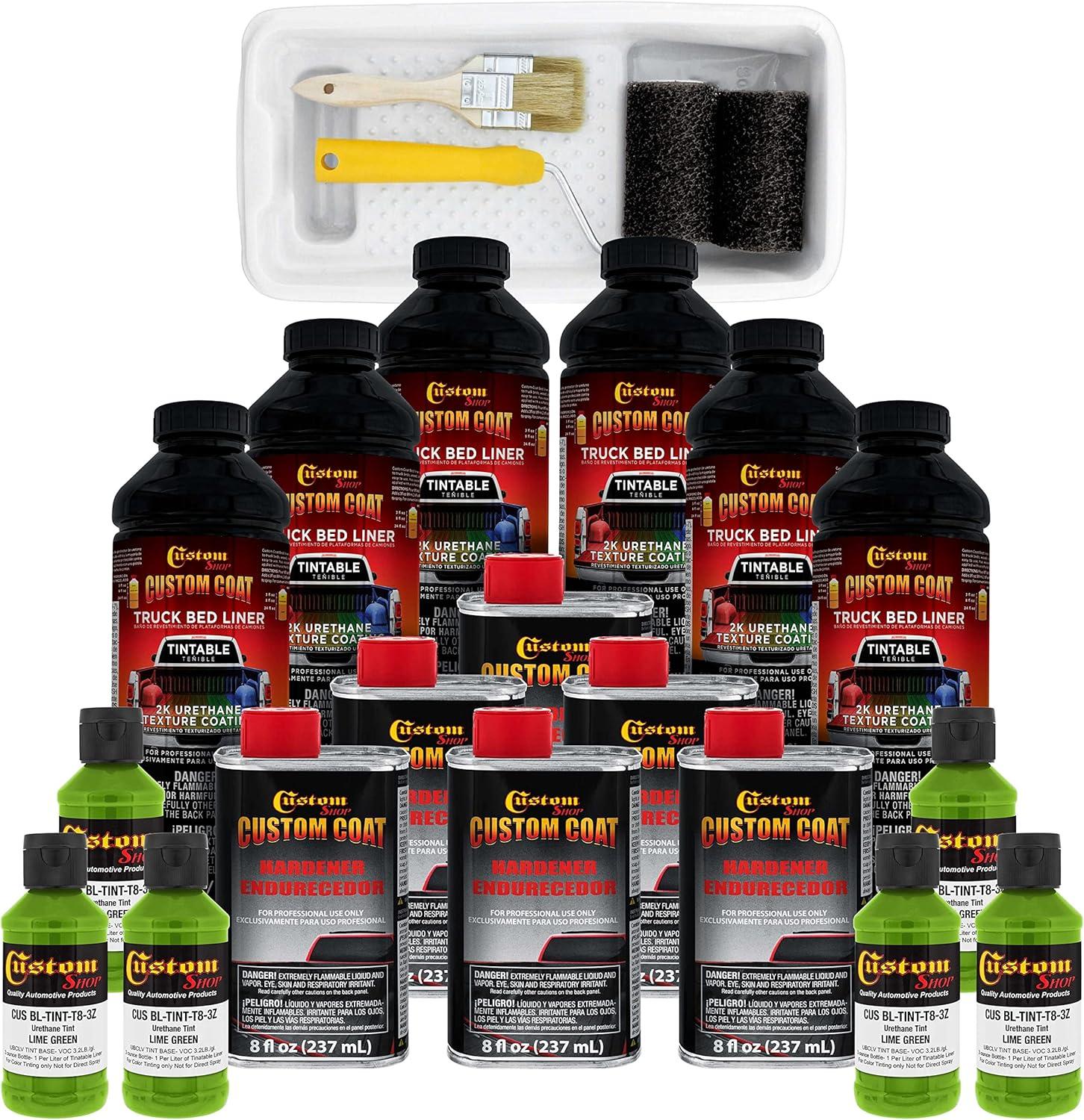 imageCustom Coat Black 1 Gallon Urethane RollOn BrushOn or SprayOn Truck Bed Liner Kit with Roller and Brush Applicator Kit  3 to 1 Mix Ratio  Durable Textured Car Auto Protective CoatingLime Green
