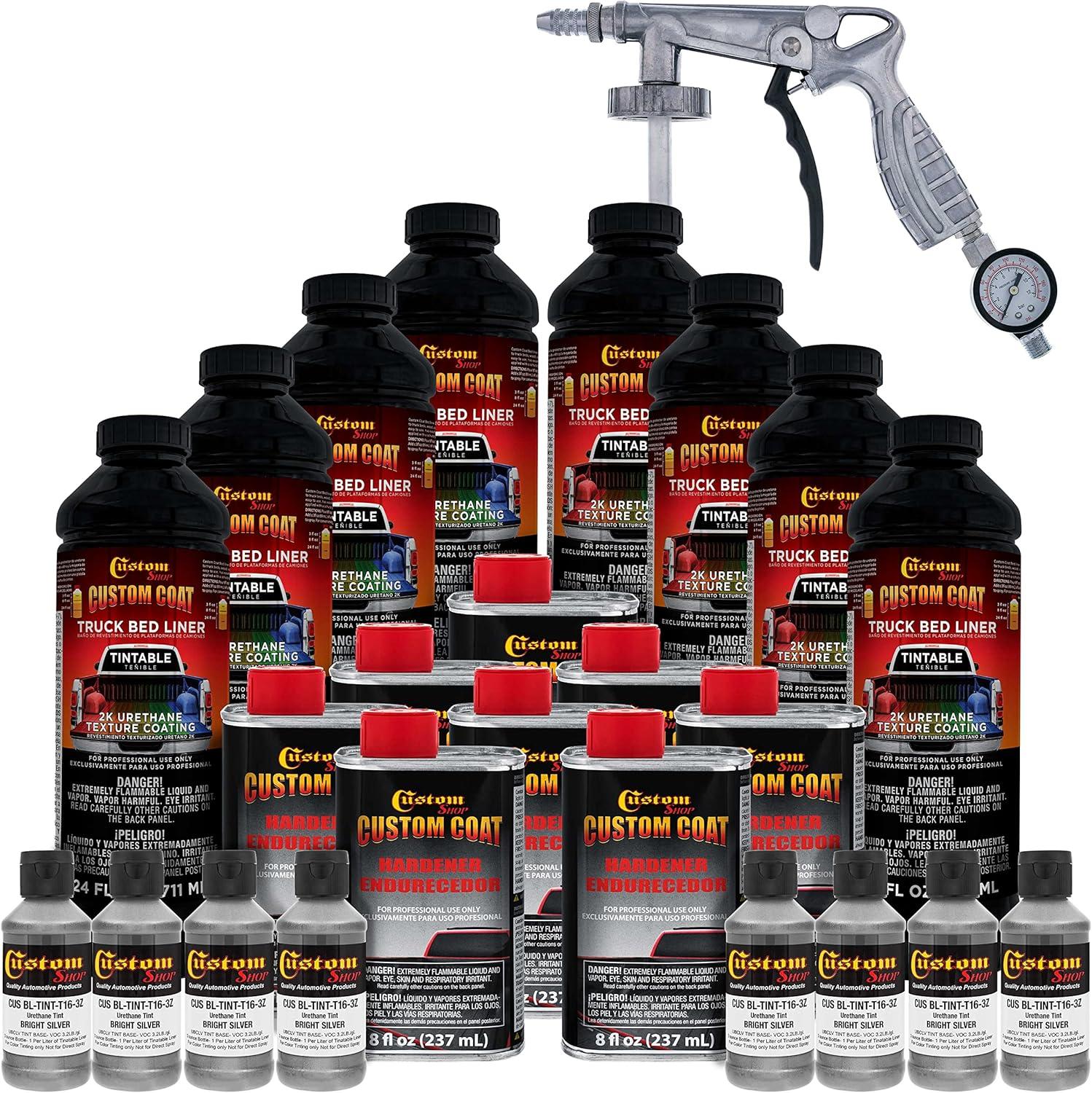 imageCustom Coat Black 1 Gallon Urethane RollOn BrushOn or SprayOn Truck Bed Liner Kit with Roller and Brush Applicator Kit  3 to 1 Mix Ratio  Durable Textured Car Auto Protective CoatingBright Silver