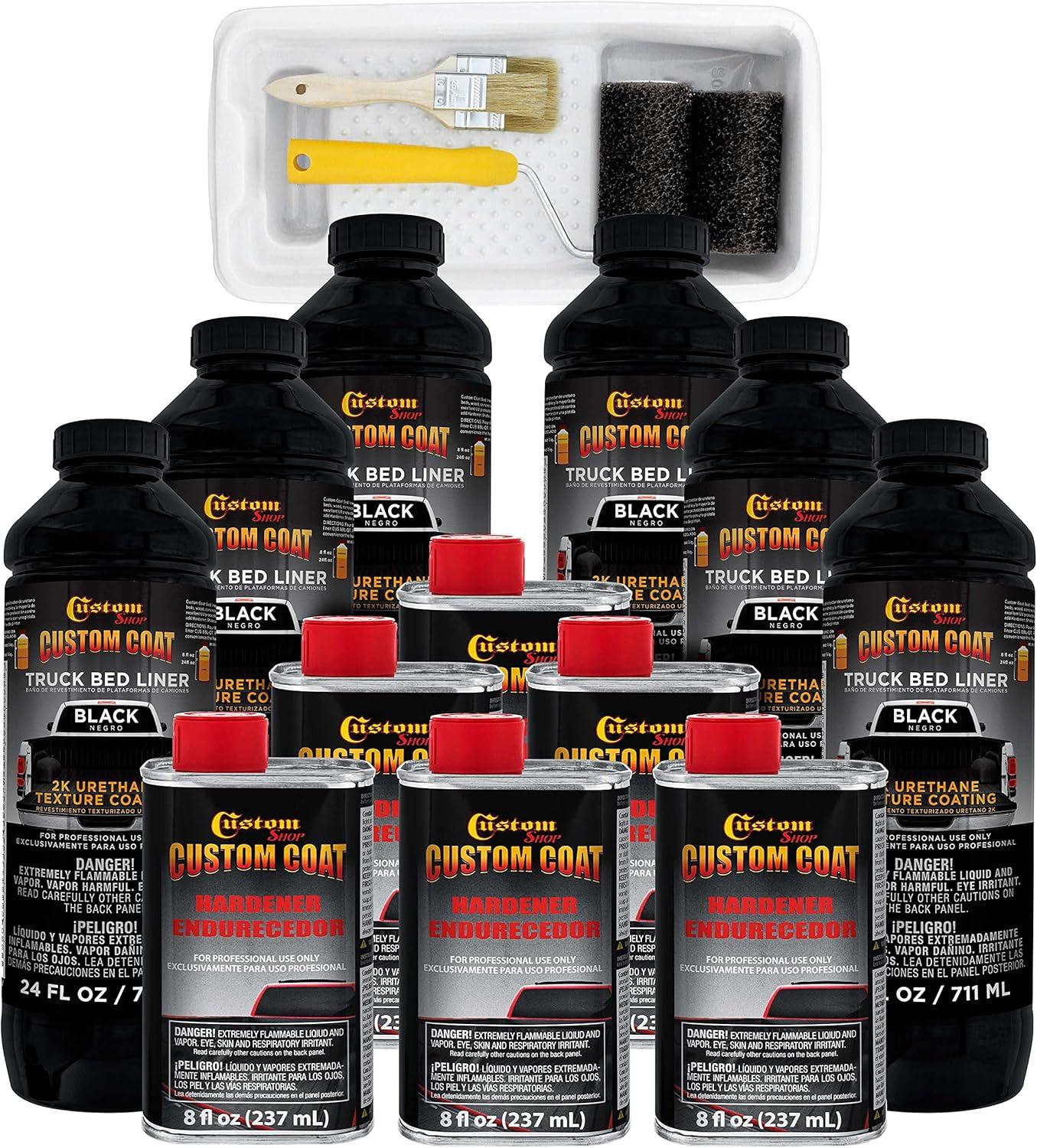 imageCustom Coat Black 1 Gallon Urethane RollOn BrushOn or SprayOn Truck Bed Liner Kit with Roller and Brush Applicator Kit  3 to 1 Mix Ratio  Durable Textured Car Auto Protective CoatingBlack