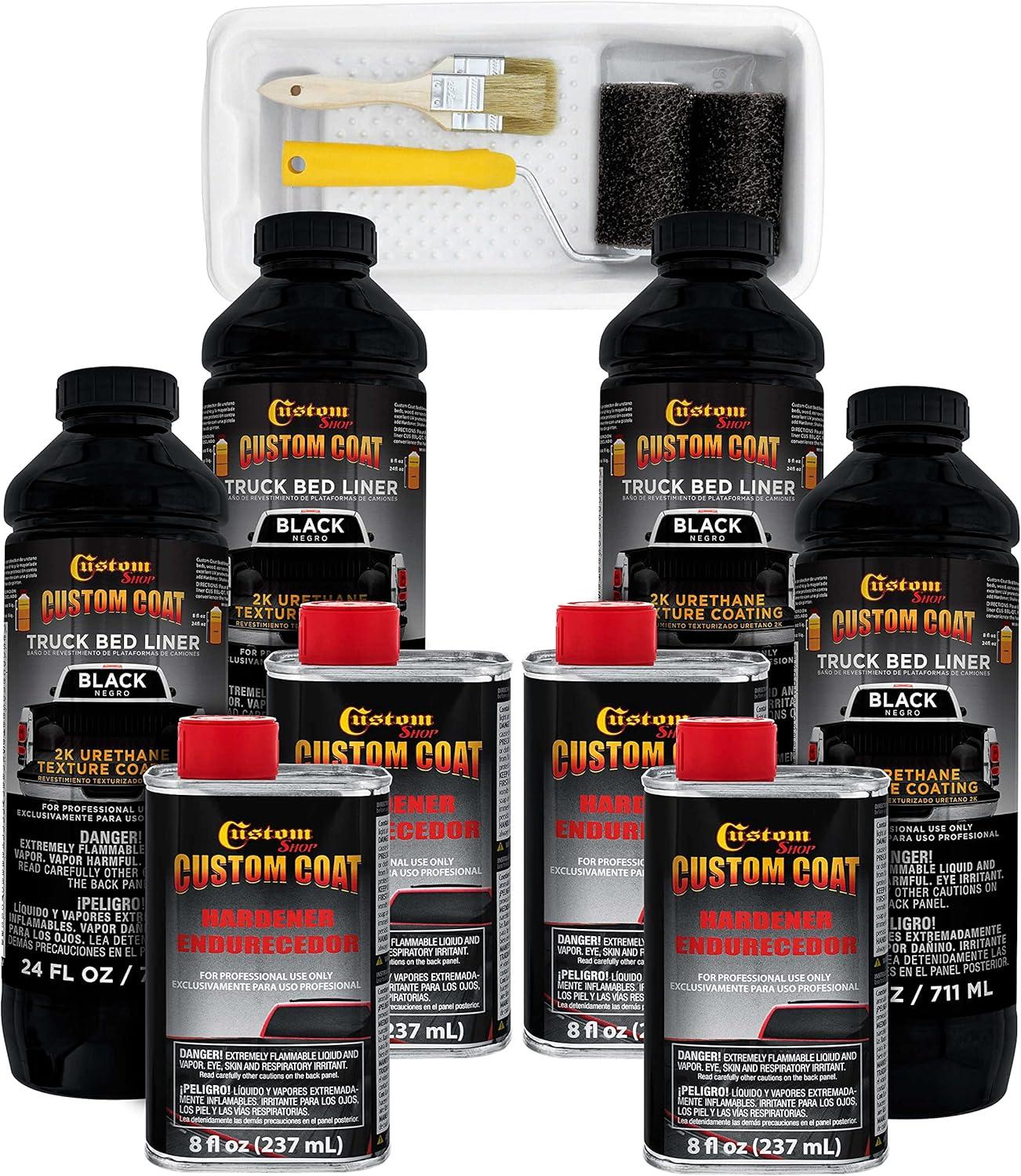imageCustom Coat Black 1 Gallon Urethane RollOn BrushOn or SprayOn Truck Bed Liner Kit with Roller and Brush Applicator Kit  3 to 1 Mix Ratio  Durable Textured Car Auto Protective CoatingBlack