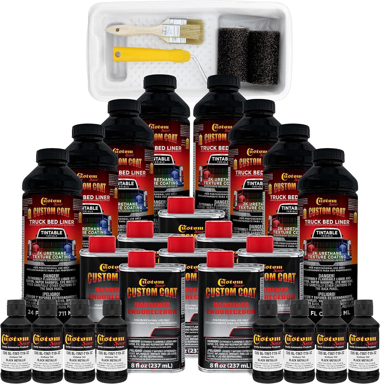 imageCustom Coat Black 1 Gallon Urethane RollOn BrushOn or SprayOn Truck Bed Liner Kit with Roller and Brush Applicator Kit  3 to 1 Mix Ratio  Durable Textured Car Auto Protective CoatingBlack Metallic