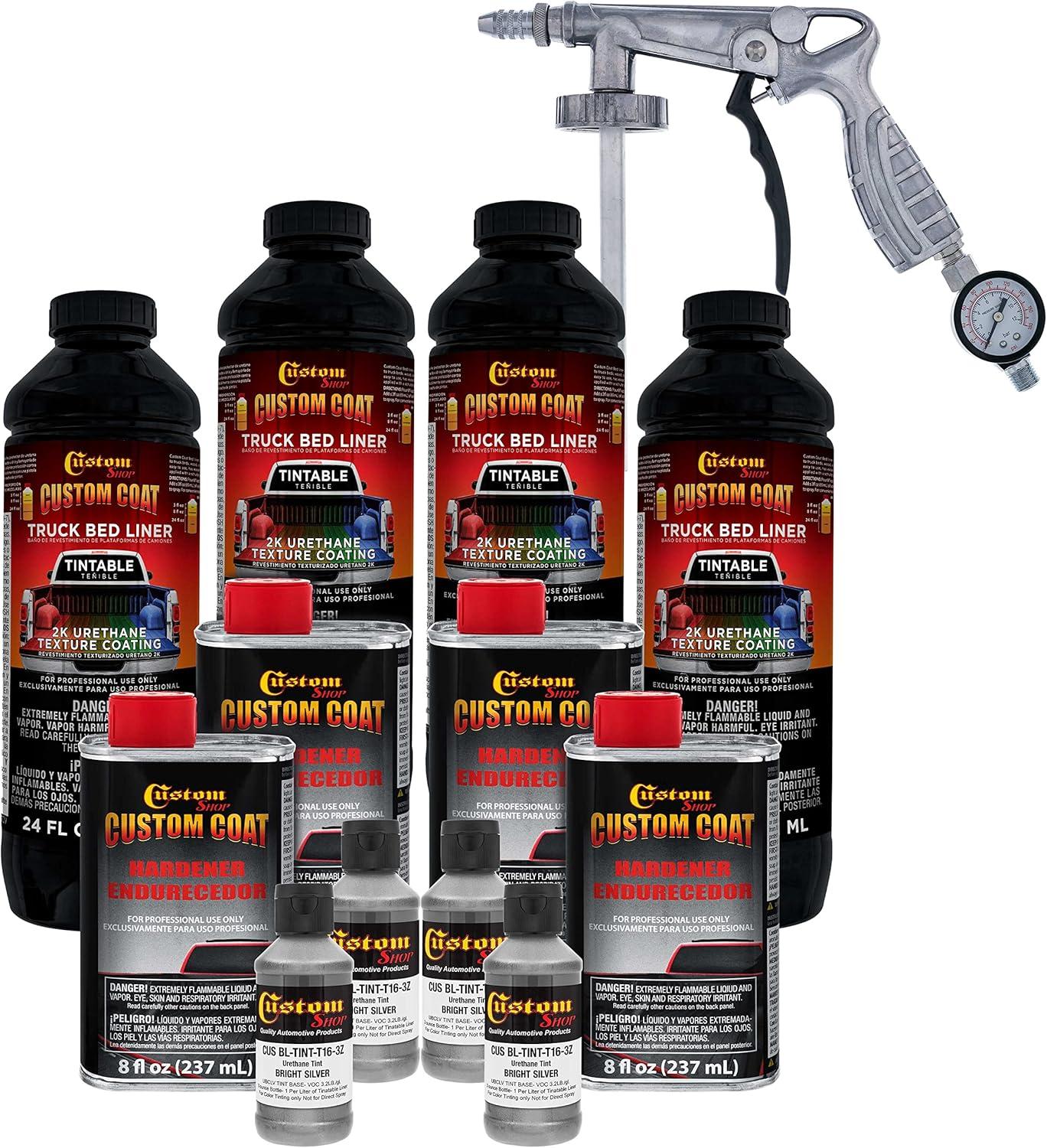 imageCustom Coat Black 1 Gallon Urethane RollOn BrushOn or SprayOn Truck Bed Liner Kit with Roller and Brush Applicator Kit  3 to 1 Mix Ratio  Durable Textured Car Auto Protective CoatingBright Silver
