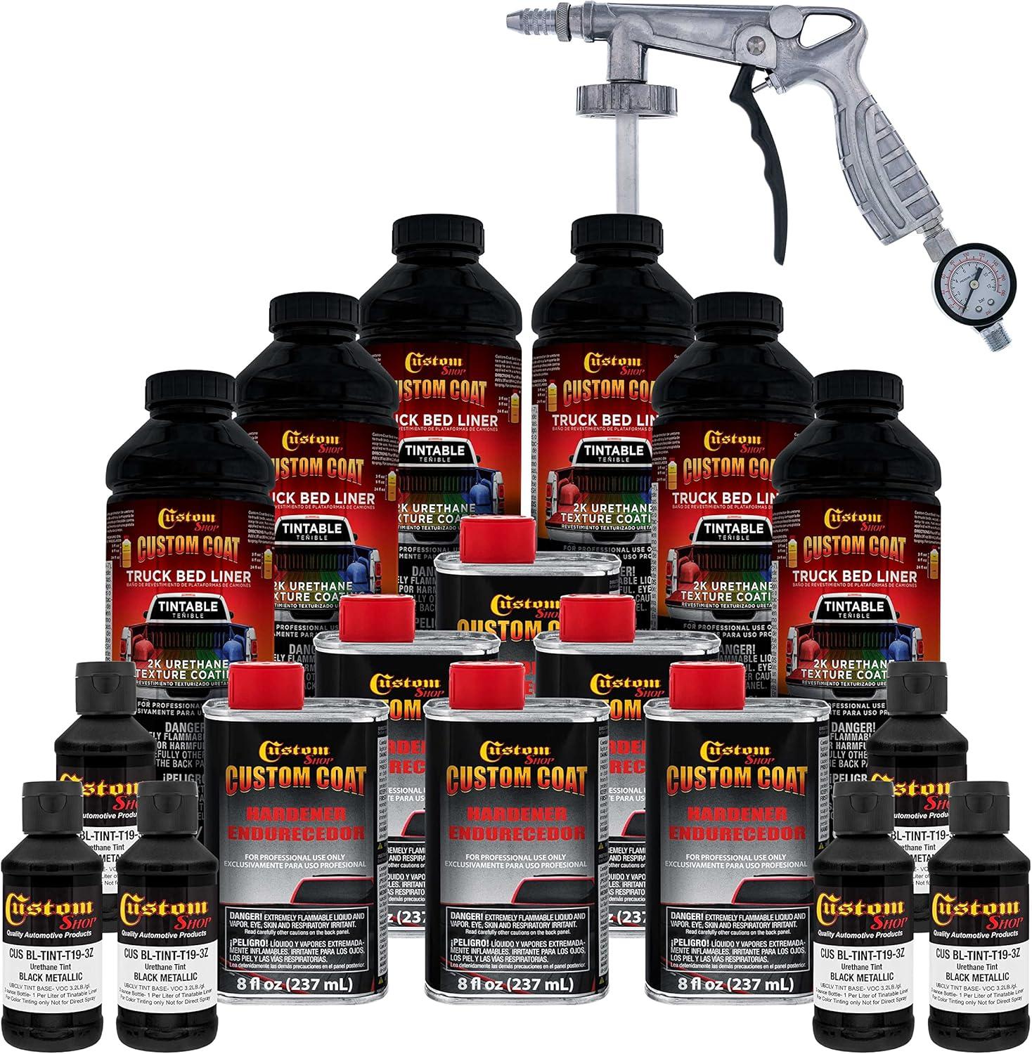 imageCustom Coat Black 1 Gallon Urethane RollOn BrushOn or SprayOn Truck Bed Liner Kit with Roller and Brush Applicator Kit  3 to 1 Mix Ratio  Durable Textured Car Auto Protective CoatingBlack Metallic
