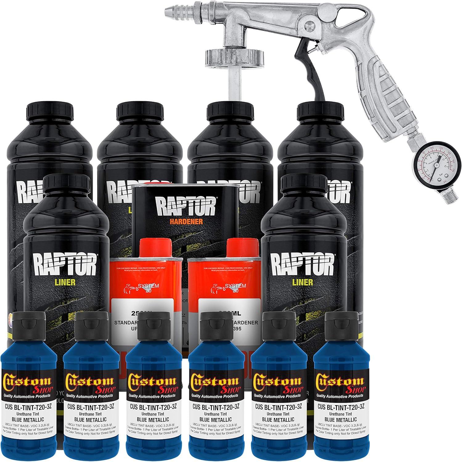 imageCustom Shop Blue Metallic Urethane SprayOn Truck Bed Liner Kit and Custom Coat Spray Gun with Regulator 6 Liters