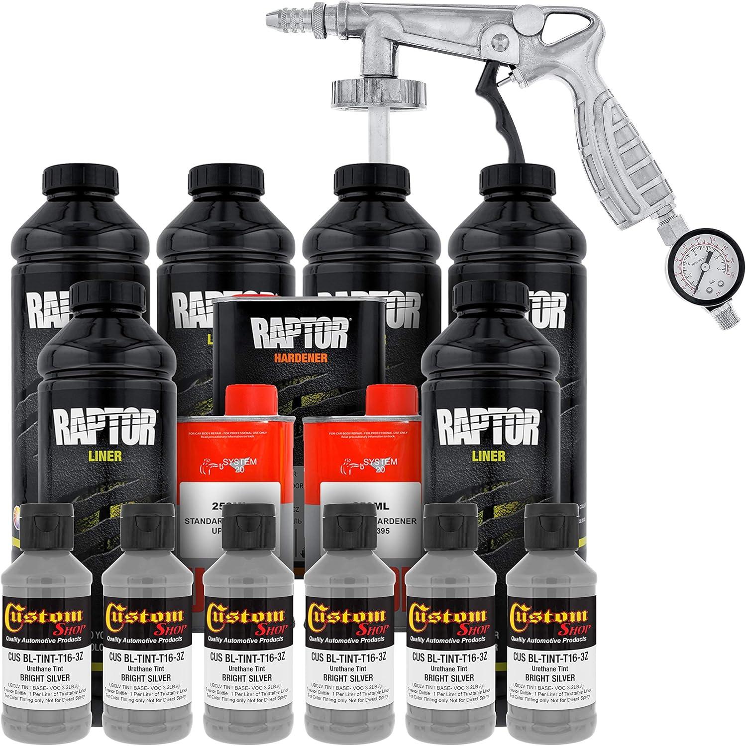imageCustom Shop Bright Silver Urethane SprayOn Truck Bed Liner Kit and Custom Coat Spray Gun with Regulator 6 Liters
