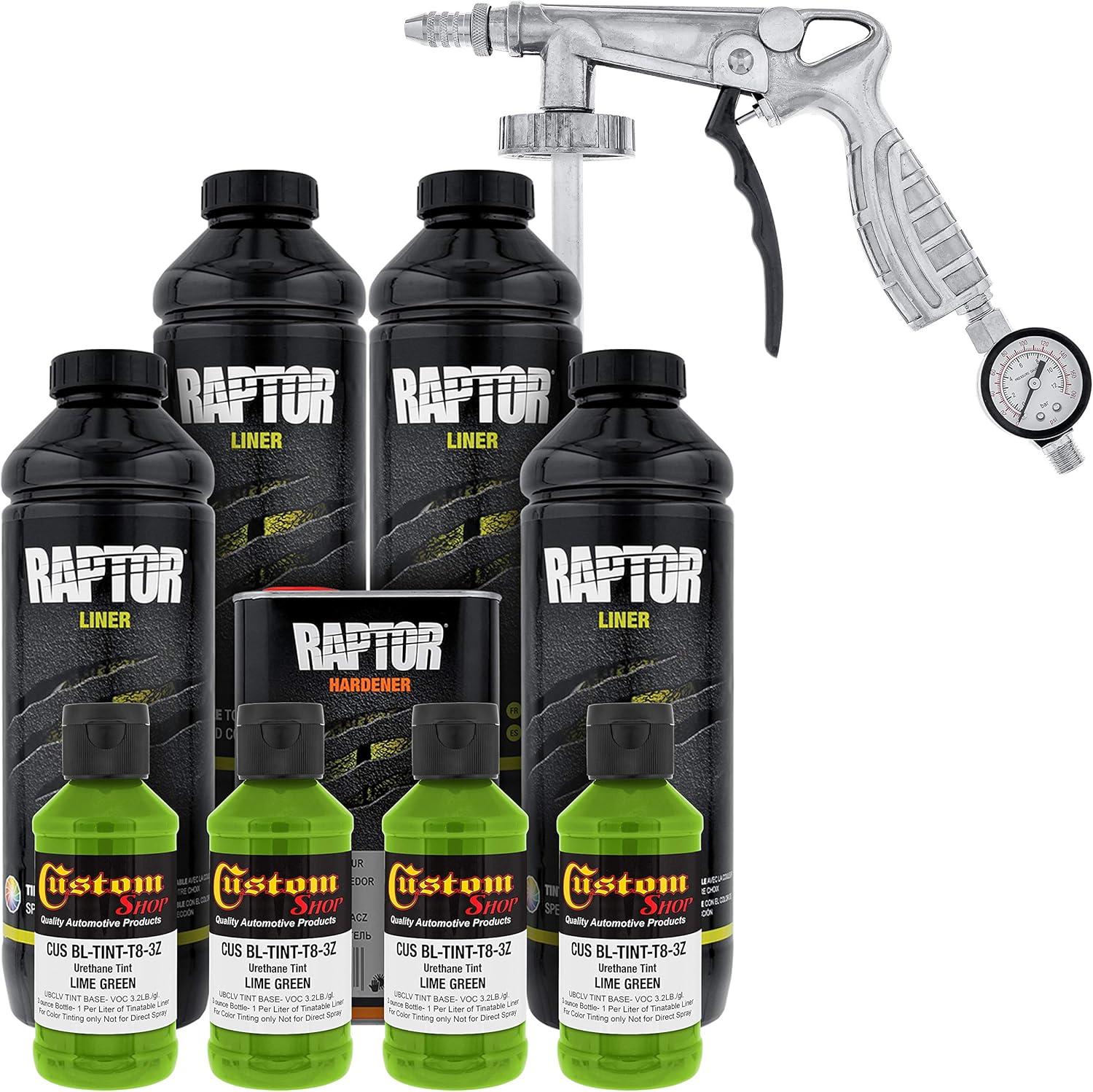imageCustom Shop Lime Green Urethane SprayOn Truck Bed Liner Kit and Custom Coat Spray Gun with Regulator 4 Liters