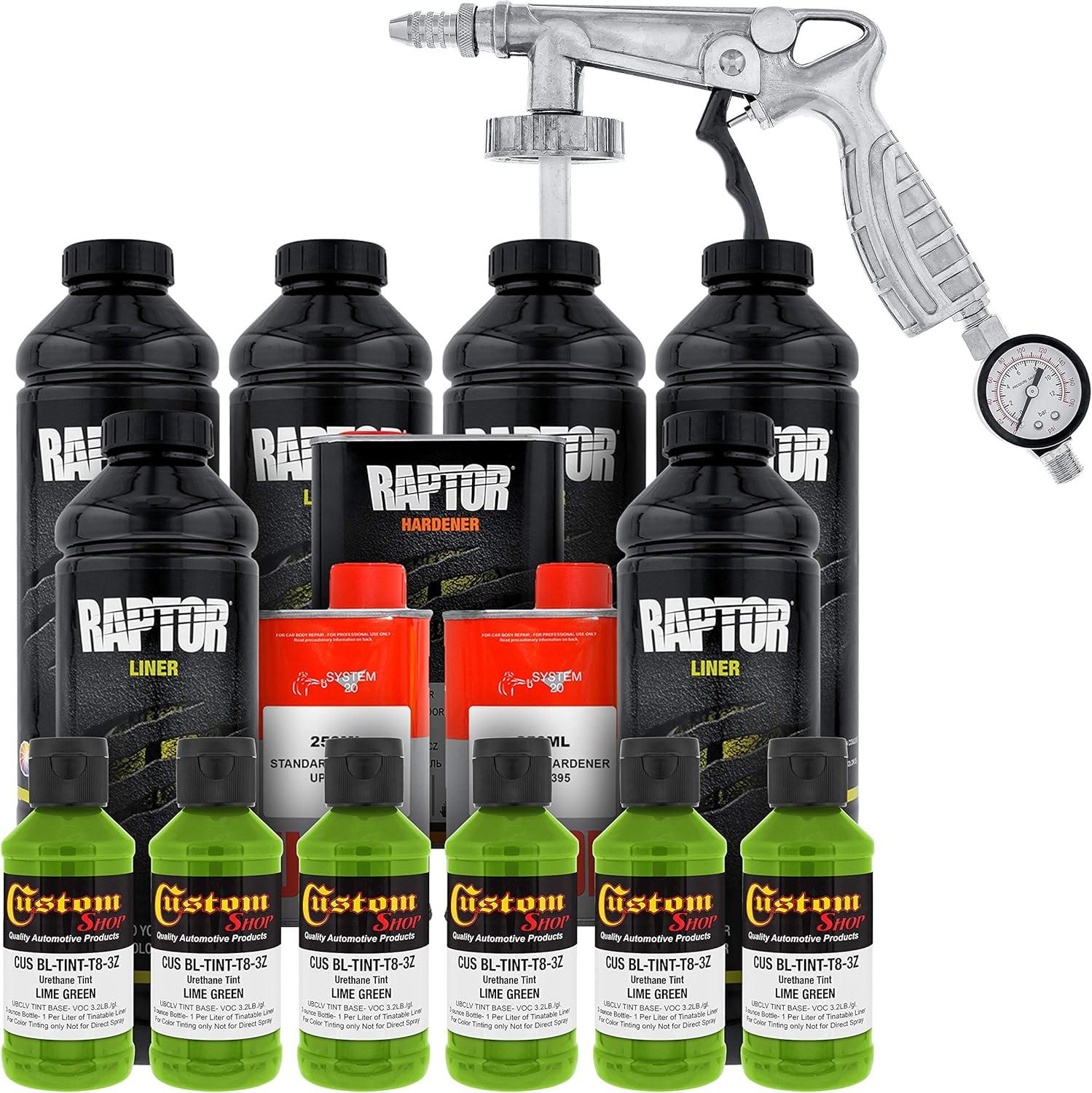 imageCustom Shop Lime Green Urethane SprayOn Truck Bed Liner Kit and Custom Coat Spray Gun with Regulator 6 Liters