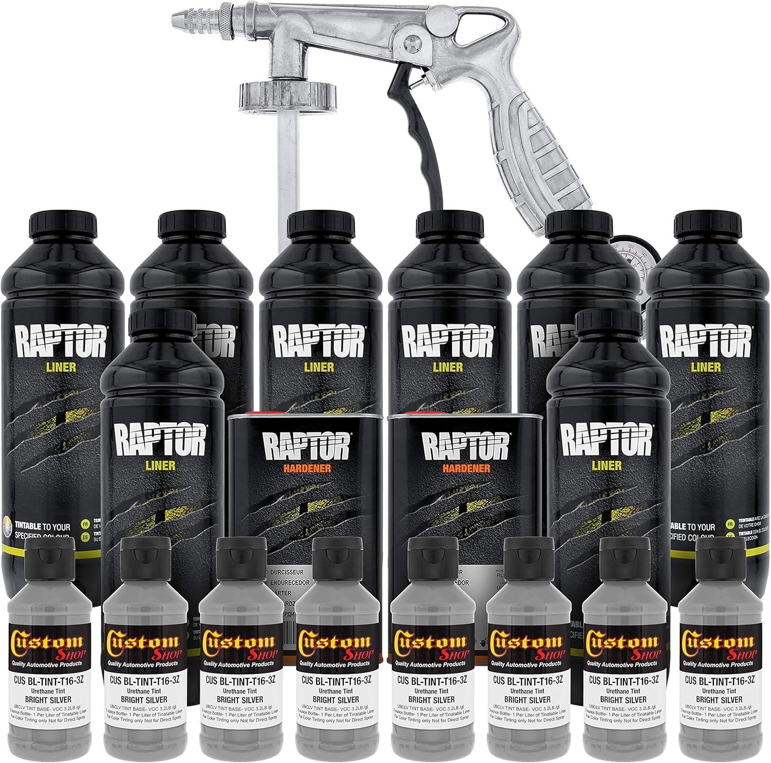 imageCustom Shop Raptor Bright Silver Urethane SprayOn Truck Bed Liner Kit and Custom Coat Spray Gun with Regulator 8 Liters