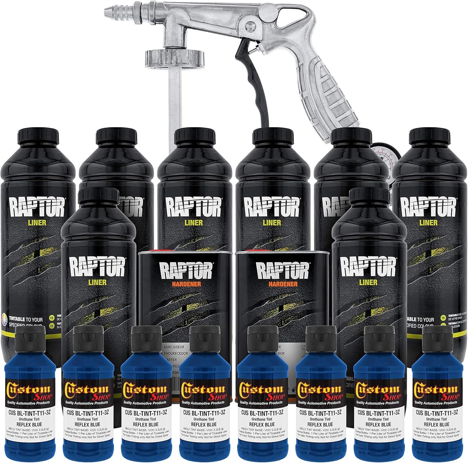 imageCustom Shop Raptor Reflex Blue Urethane SprayOn Truck Bed Liner Kit and Custom Coat Spray Gun with Regulator 8 Liters