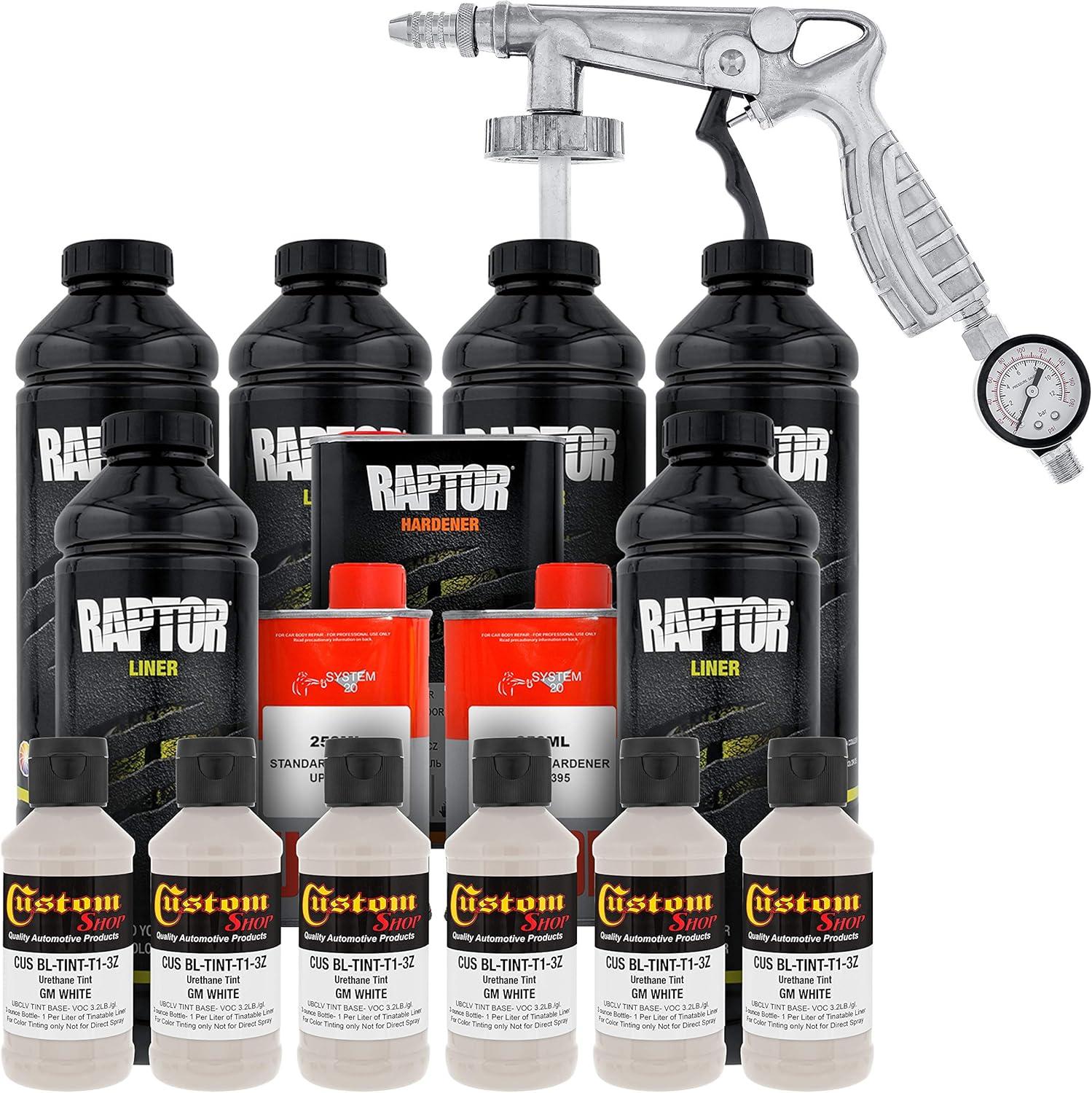 imageUPOL Raptor GM White Urethane SprayOn Truck Bed Liner Kit with Custom Coat Spray Gun with Regulator 6 Liters