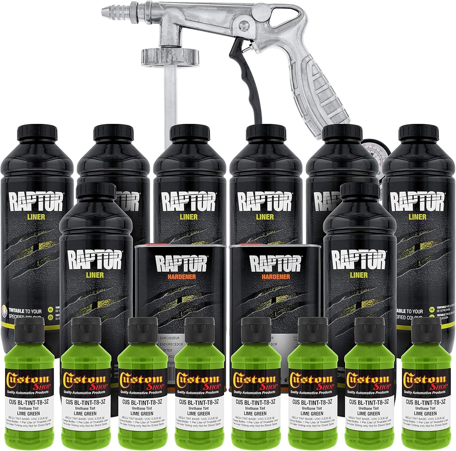 imageUPOL Raptor Lime Green Urethane SprayOn Truck Bed Liner Kit with Custom Coat Spray Gun with Regulator 8 Liters