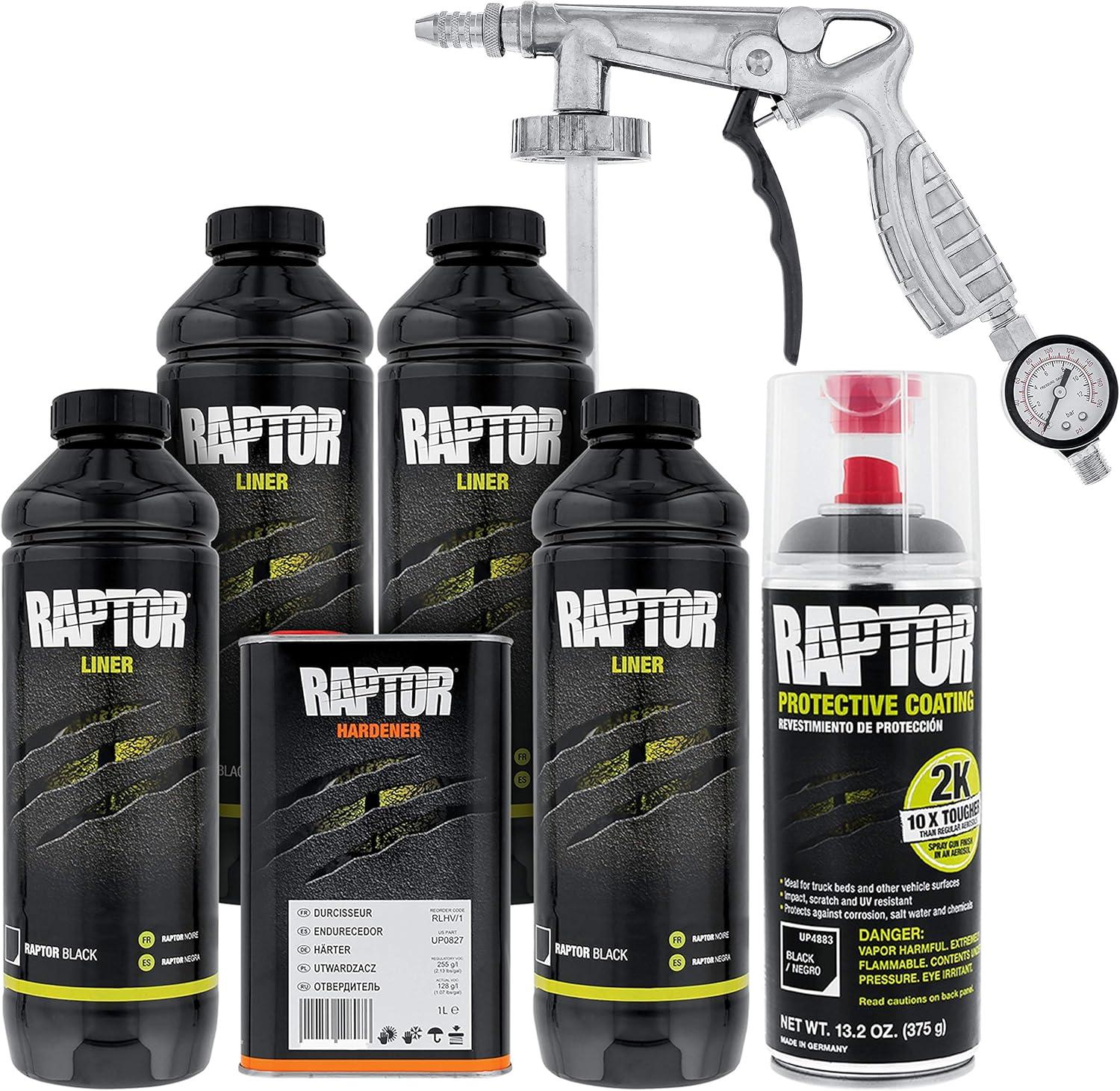 imageUPol Raptor 4 Quart Kit  Black Urethane SprayOn Truck Bed Liner Kit Custom Coat Spray Gun with Regulator  Bonus Aerosol Bedliner Can4 Quart Kit