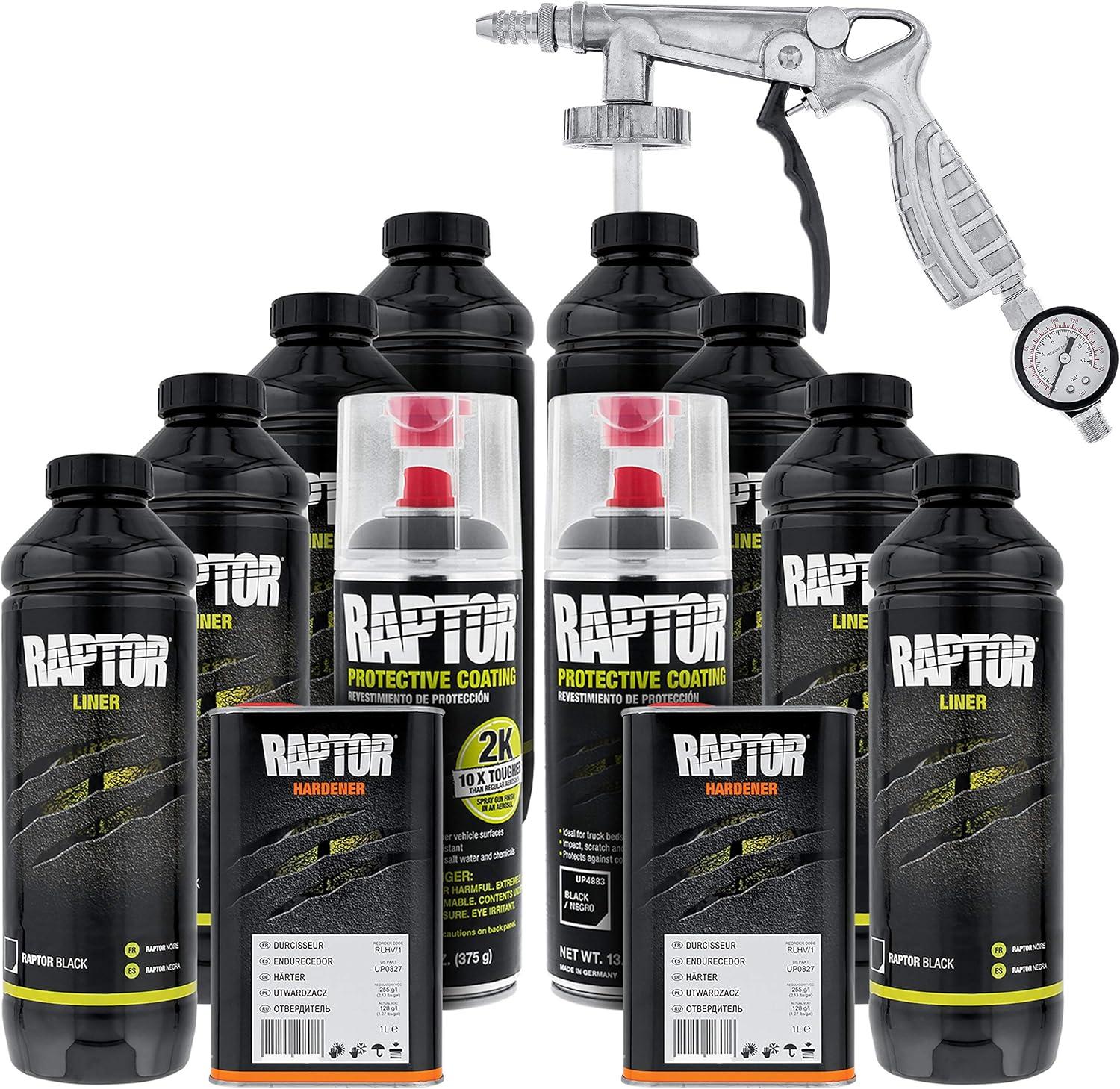 imageUPol Raptor 4 Quart Kit  Black Urethane SprayOn Truck Bed Liner Kit Custom Coat Spray Gun with Regulator  Bonus Aerosol Bedliner Can8 Quart Kit