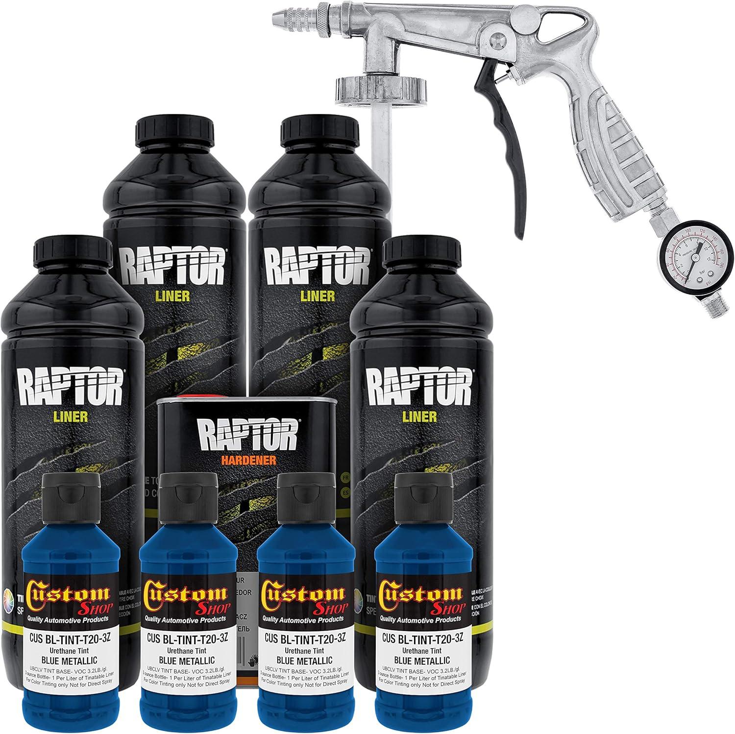 imageUPol Raptor Blue Metallic Urethane SprayOn Truck Bed Liner Kit and Custom Coat Spray Gun with Regulator 4 Liters