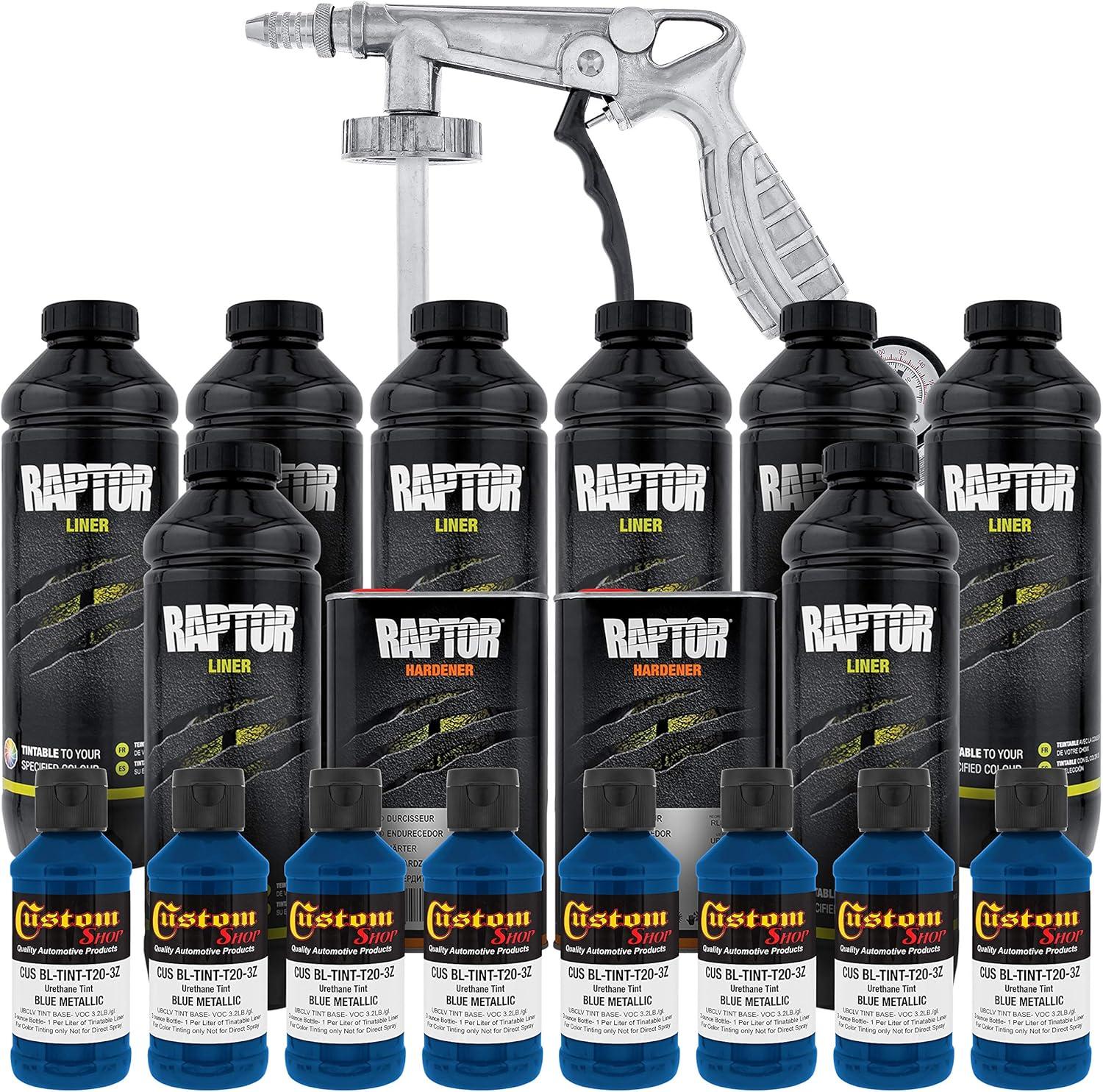 imageUPol Raptor Blue Metallic Urethane SprayOn Truck Bed Liner Kit and Custom Coat Spray Gun with Regulator 8 Liters