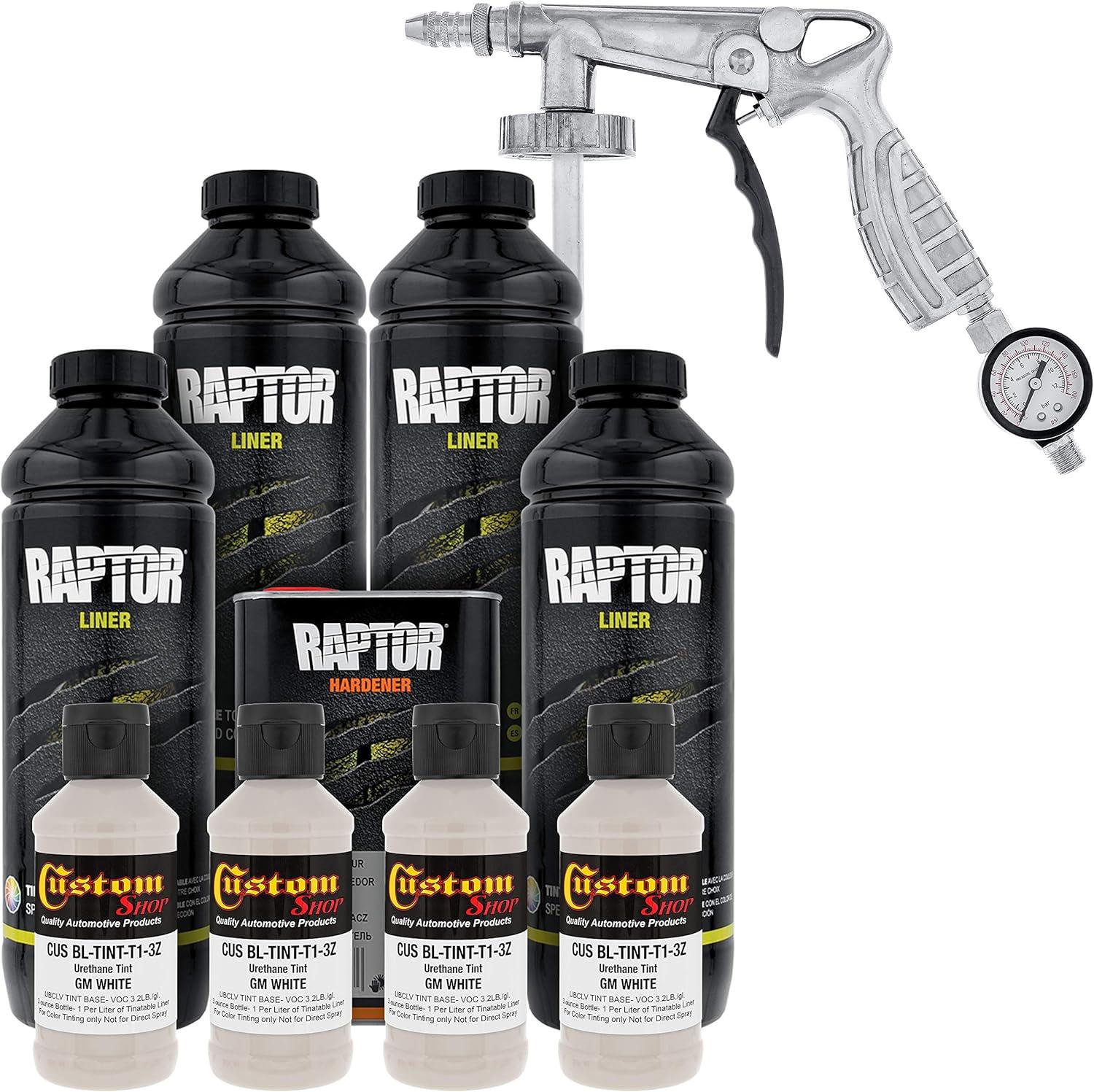imageUPol Raptor Bright White Urethane SprayOn Truck Bed Liner Kit and Custom Coat Spray Gun with Regulator 4 Liters