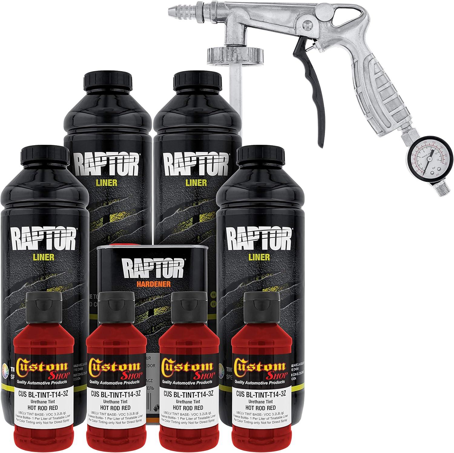 imageUPol Raptor Hot Rod Red Urethane SprayOn Truck Bed Liner Kit and Custom Coat Spray Gun with Regulator 4 Liters