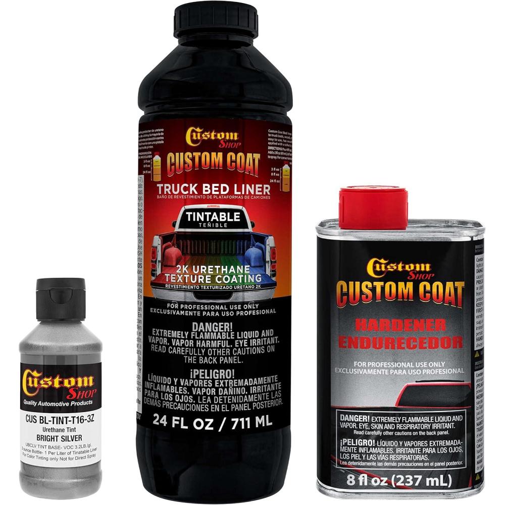 imageCustom Coat Black 1 Gallon Urethane RollOn BrushOn or SprayOn Truck Bed Liner Kit with Roller and Brush Applicator Kit  3 to 1 Mix Ratio  Durable Textured Car Auto Protective CoatingBright Silver