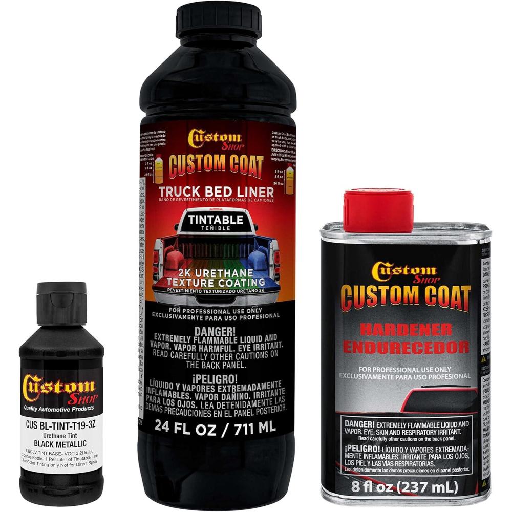 imageCustom Coat Black 1 Gallon Urethane RollOn BrushOn or SprayOn Truck Bed Liner Kit with Roller and Brush Applicator Kit  3 to 1 Mix Ratio  Durable Textured Car Auto Protective CoatingBlack Metallic