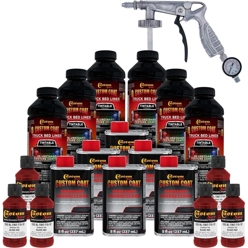imageCustom Coat Blood Red 15 Gallon 6 Quart Urethane SprayOn Truck Bed Liner Kit with Spray Gun and Regulator  Easy Mixing Shake Shoot  Textured Protective Coating Prevent Rust  Car Auto