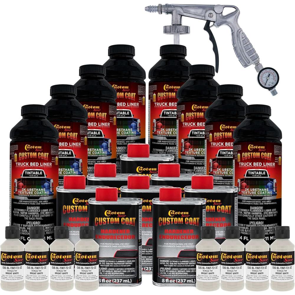 imageCustom Coat Bright White 2 Gallon 8 Quart Urethane SprayOn Truck Bed Liner Kit with Spray Gun and Regulator  Easy Mixing Shake Shoot  Textured Protective Coating Prevent Rust  Car Auto