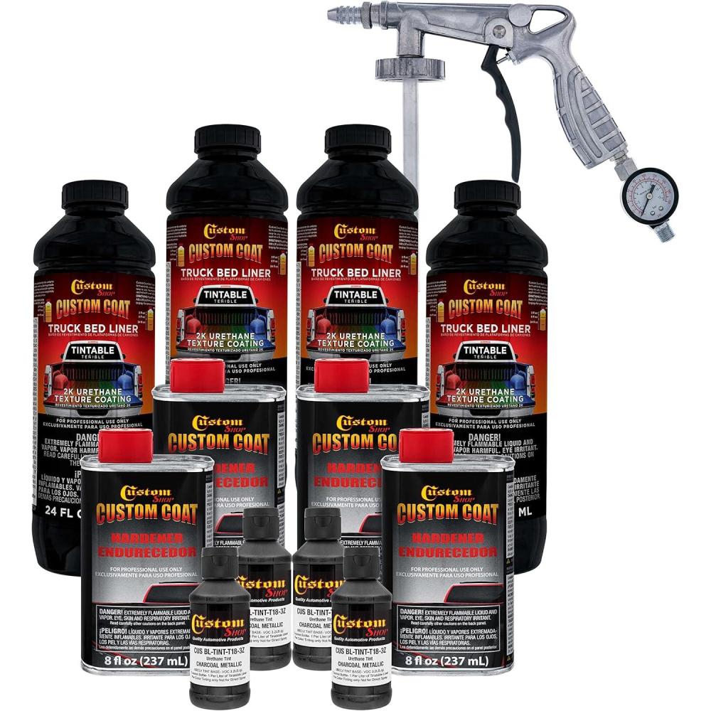 imageCustom Coat Charcoal Metallic 1 Gallon Urethane SprayOn Truck Bed Liner Kit with Spray Gun and Regulator  Easy Mixing Shake Shoot It  Durable Textured Protective Coating Prevent Rust  Car Auto
