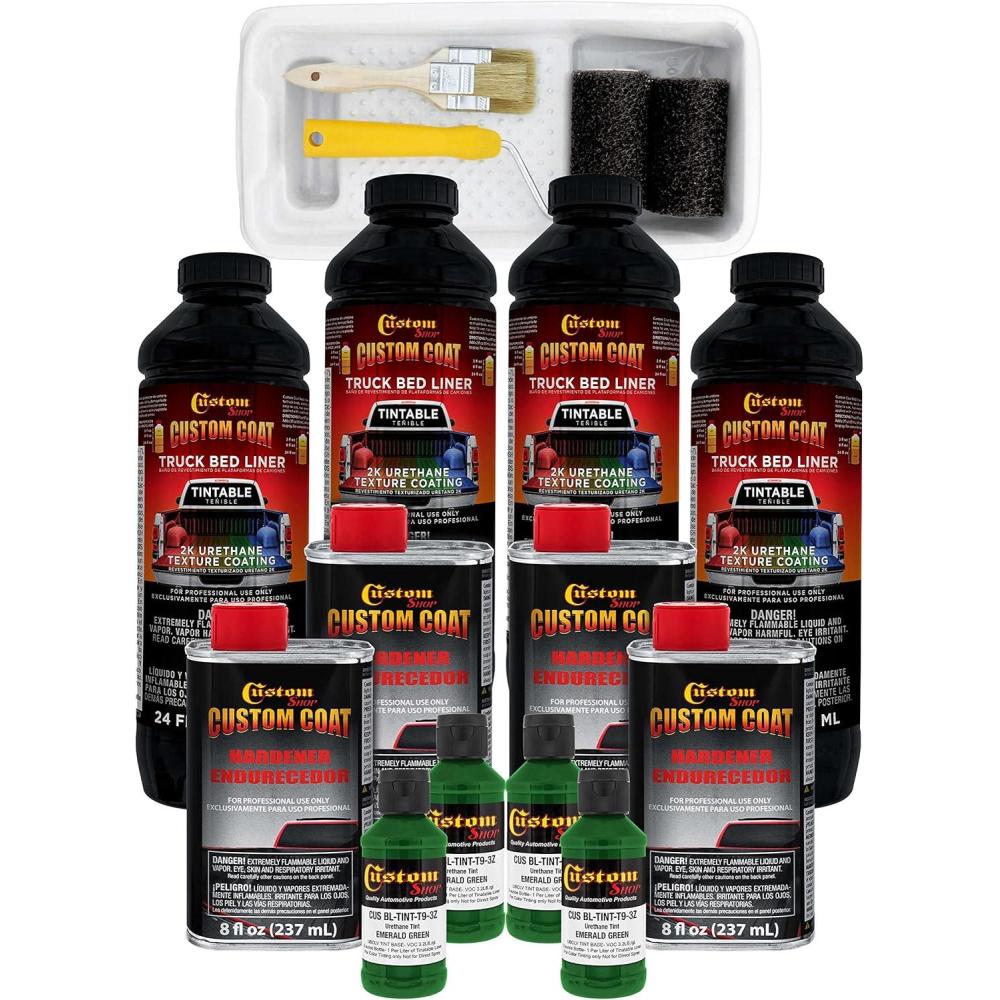 imageCustom Coat Emerald Green 1 Gallon Urethane RollOn BrushOn or SprayOn Truck Bed Liner Kit with Roller and Brush Applicator Kit  Easy Mixing Shake Shoot  Textured Car Auto Protective Coating
