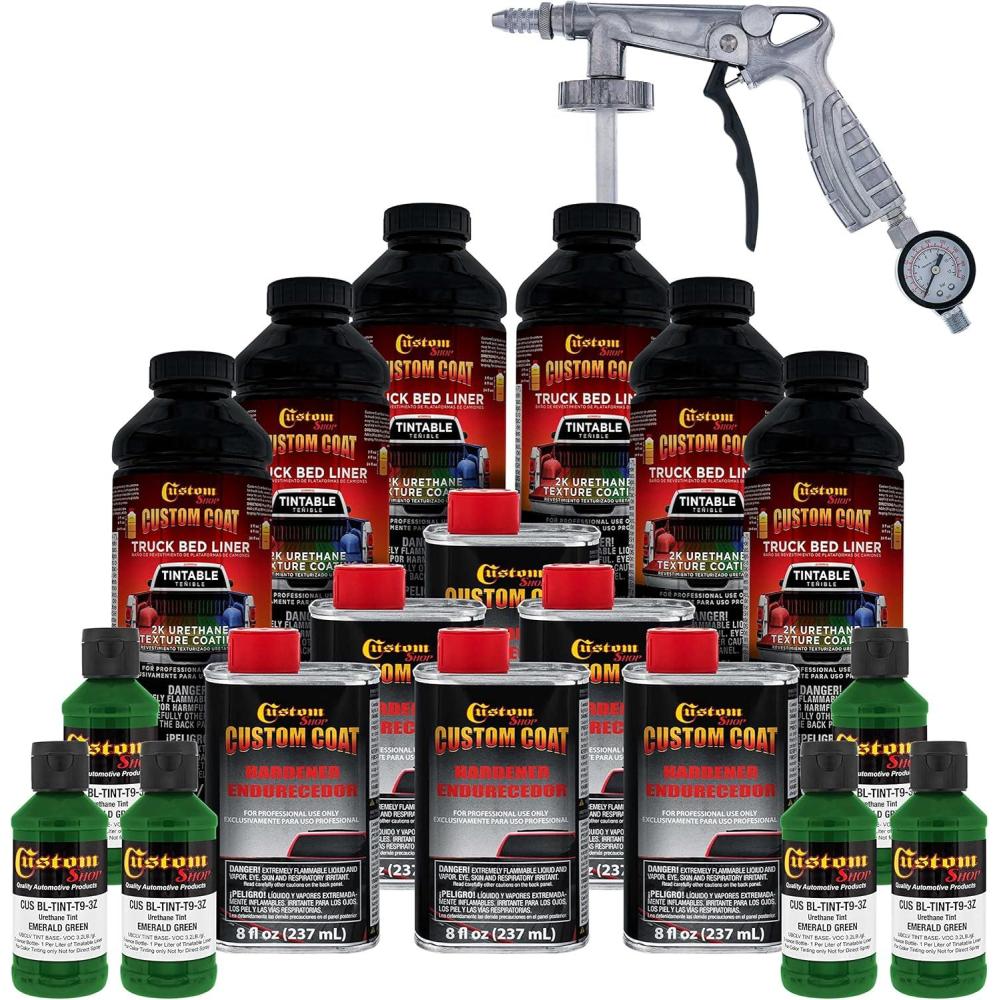 imageCustom Coat Emerald Green 15 Gallon 6 Quart Urethane SprayOn Truck Bed Liner Kit with Spray Gun and Regulator  Easy Mixing Shake Shoot  Textured Protective Coating Prevent Rust  Car Auto
