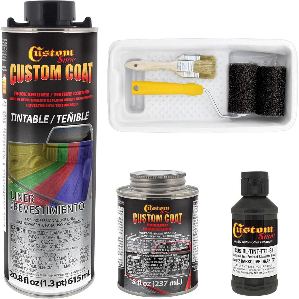 imageCustom Coat Federal Standard Color  34052 USMC Dark Olive Drab T71 Urethane RollOn BrushOn or SprayOn Truck Bed Liner 1 Quart Kit with Roller Applicator Kit  Textured Protective Coating