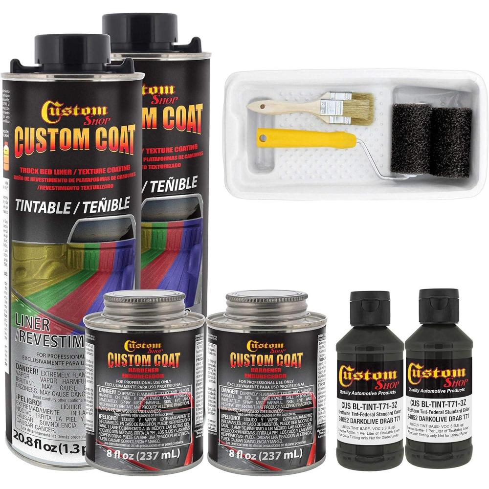 imageCustom Coat Federal Standard Color  34052 USMC Dark Olive Drab T71 Urethane RollOn BrushOn or SprayOn Truck Bed Liner 2 Quart Kit with Roller Applicator Kit  Textured Protective Coating