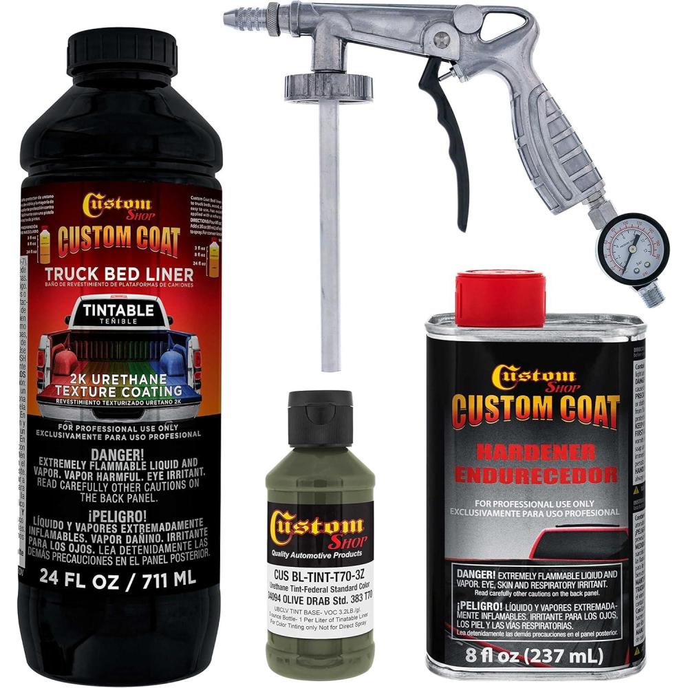 imageCustom Coat Federal Standard Color  34094 Olive Drab T70 Urethane SprayOn Truck Bed Liner 1 Quart Kit with Spray Gun and Regulator  Durable Textured Protective Coating  Easy Mix Car Auto