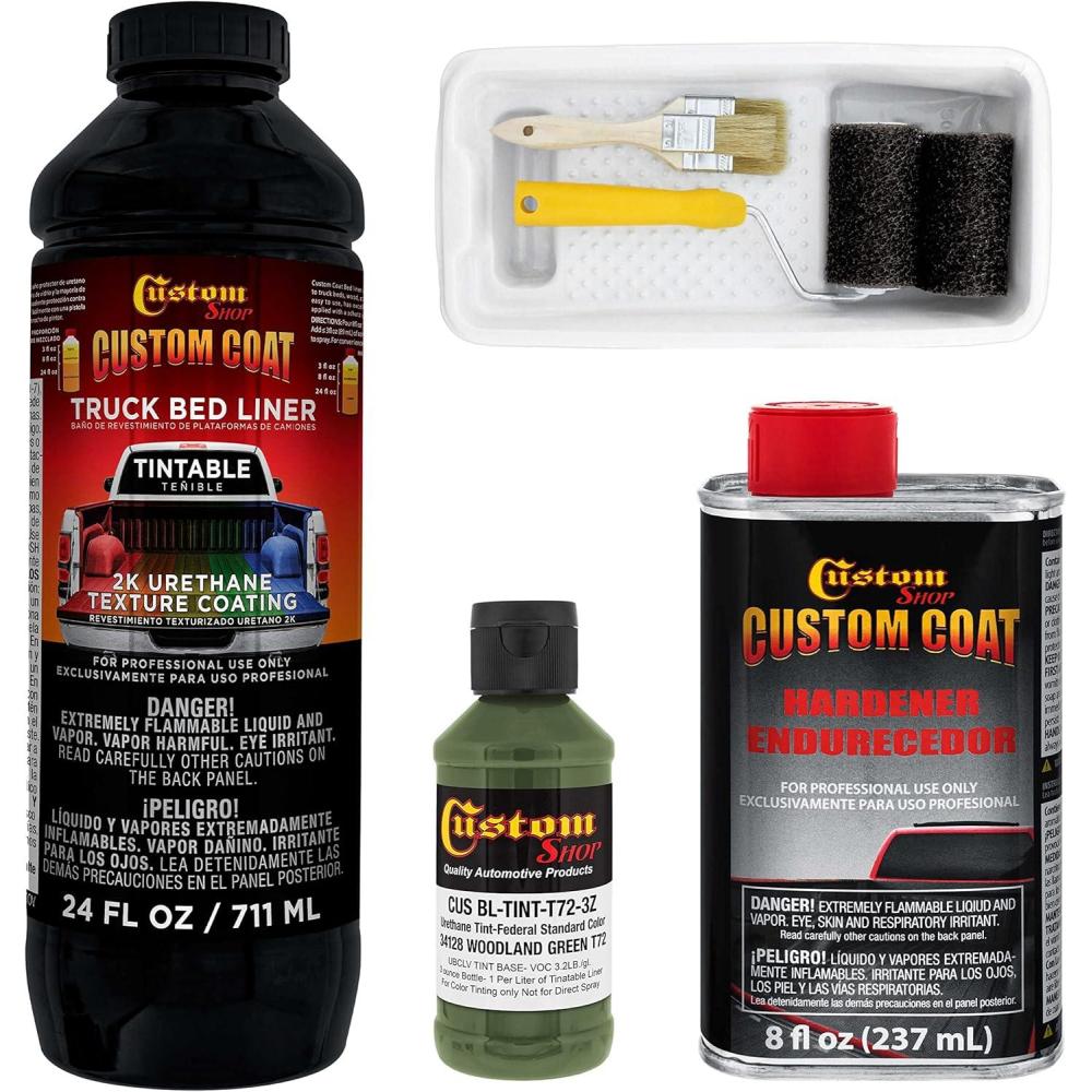 imageCustom Coat Federal Standard Color  34128 Woodland Green T72 Urethane RollOn BrushOn or SprayOn Truck Bed Liner 1 Quart Kit with Roller Applicator Kit  Textured Car Auto Protective Coating