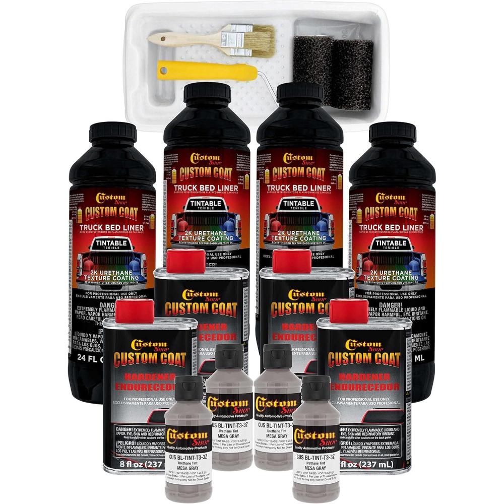 imageCustom Coat Mesa Gray 1 Gallon Urethane RollOn BrushOn or SprayOn Truck Bed Liner Kit with Roller and Brush Applicator Kit  Easy Mixing Shake Shoot  Textured Car Auto Protective Coating