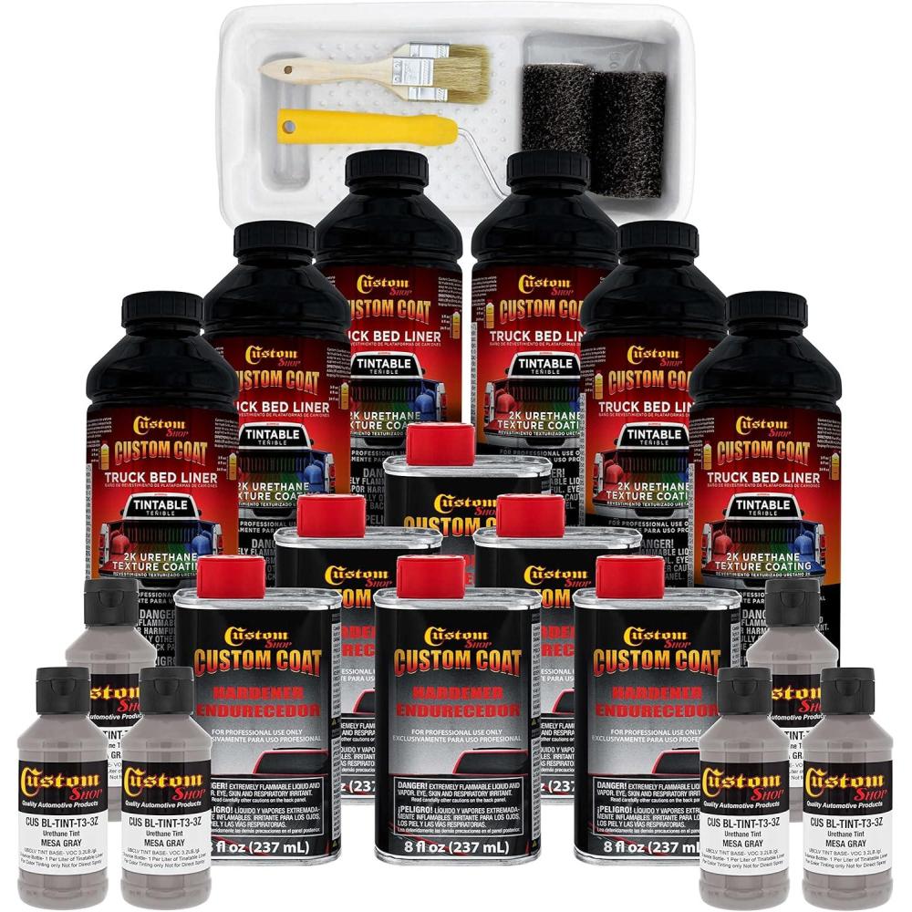 imageCustom Coat Mesa Gray 15 Gallon 6 Quart Urethane RollOn BrushOn or SprayOn Truck Bed Liner Kit with Roller and Brush Applicator Kit  Easy Mixing  Textured Car Auto Protective Coating
