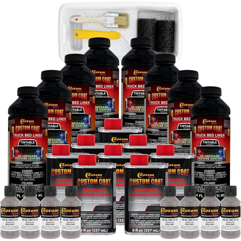imageCustom Coat Mesa Gray 2 Gallon Urethane RollOn BrushOn or SprayOn Truck Bed Liner Kit with Roller and Brush Applicator Kit  Easy Mixing  Durable Textured Car Auto Protective Coating