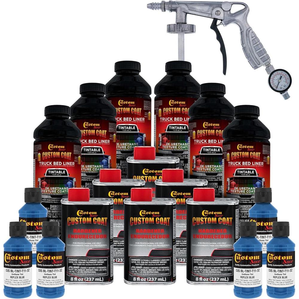 imageCustom Coat Reflex Blue 15 Gallon 6 Quart Urethane SprayOn Truck Bed Liner Kit with Spray Gun and Regulator  Easy Mixing Shake Shoot Textured Protective Coating Prevent Rust  Car Auto