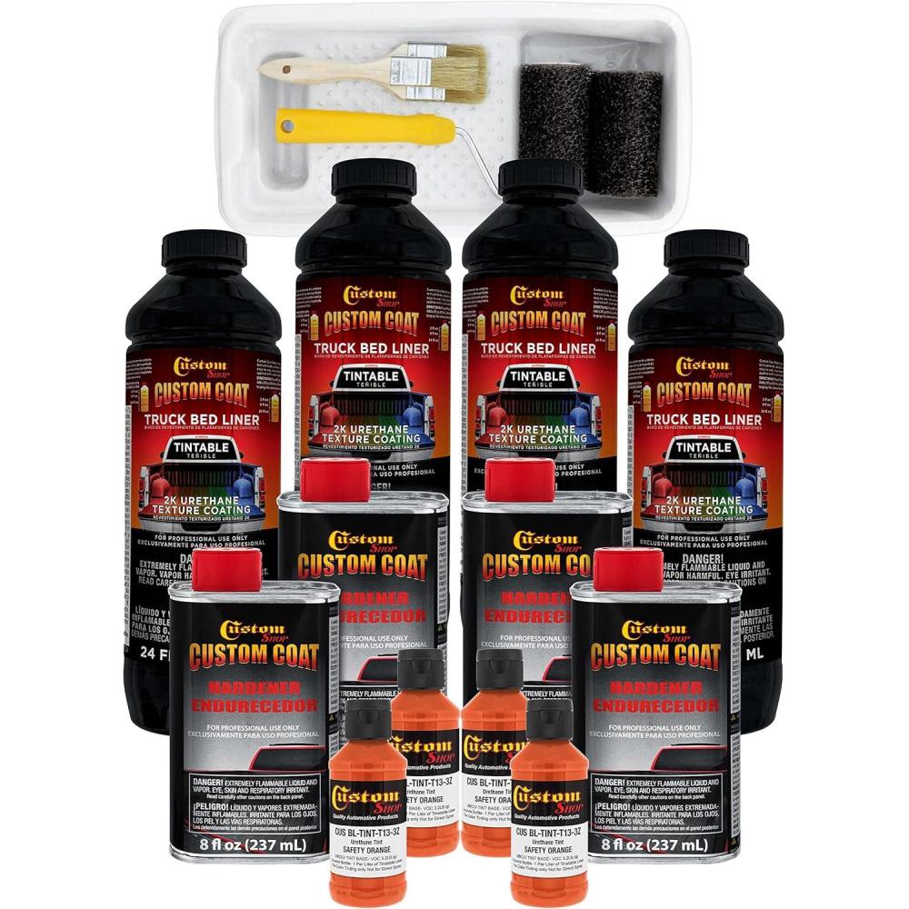 imageCustom Coat Safety Orange 1 Gallon Urethane RollOn BrushOn or SprayOn Truck Bed Liner Kit with Roller and Brush Applicator Kit  Easy Mixing Shake Shoot  Textured Car Auto Protective Coating