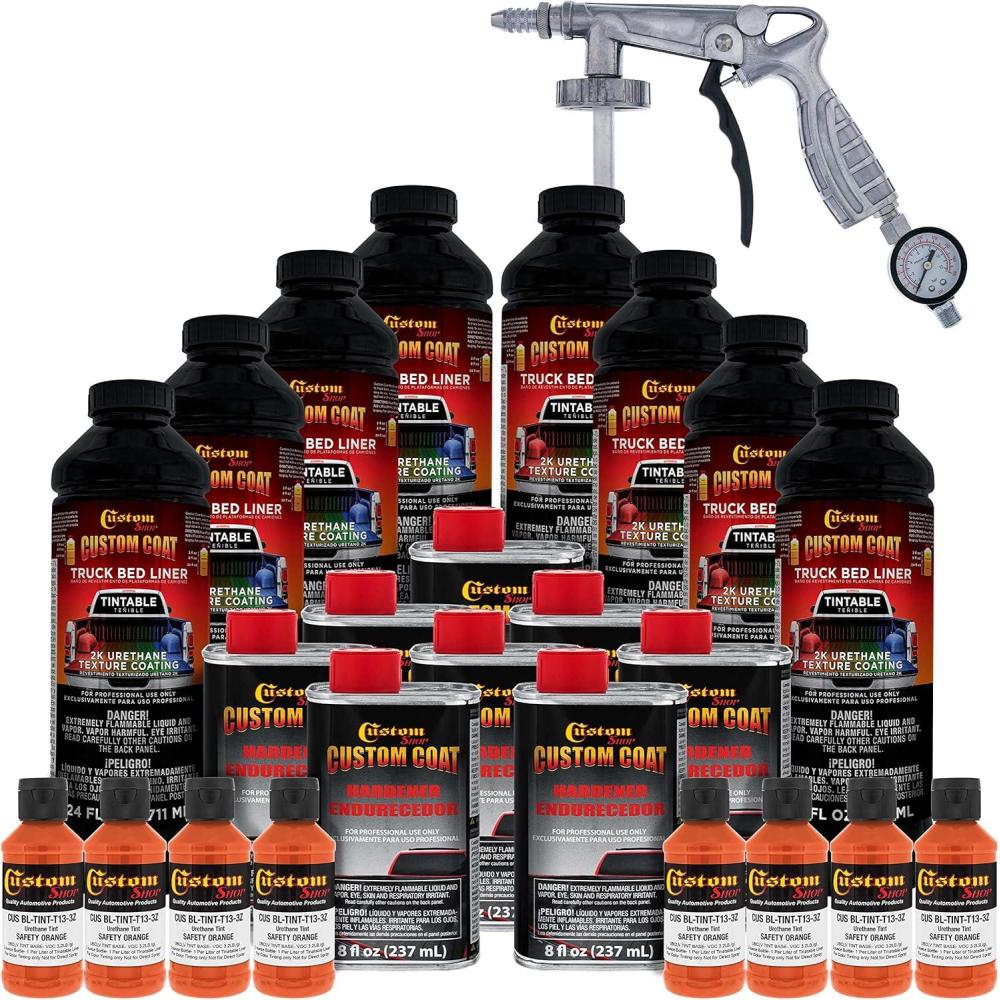 imageCustom Coat Safety Orange 2 Gallon 8 Quart Urethane SprayOn Truck Bed Liner Kit with Spray Gun and Regulator  Easy Mixing Shake Shoot  Textured Protective Coating Prevent Rust  Car Auto