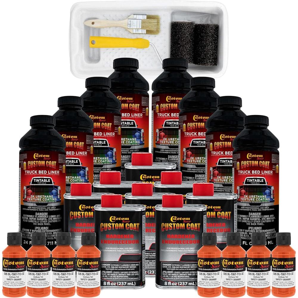 imageCustom Coat Safety Orange 2 Gallon Urethane RollOn BrushOn or SprayOn Truck Bed Liner Kit with Roller and Brush Applicator Kit  Easy Mixing  Durable Textured Car Auto Protective Coating