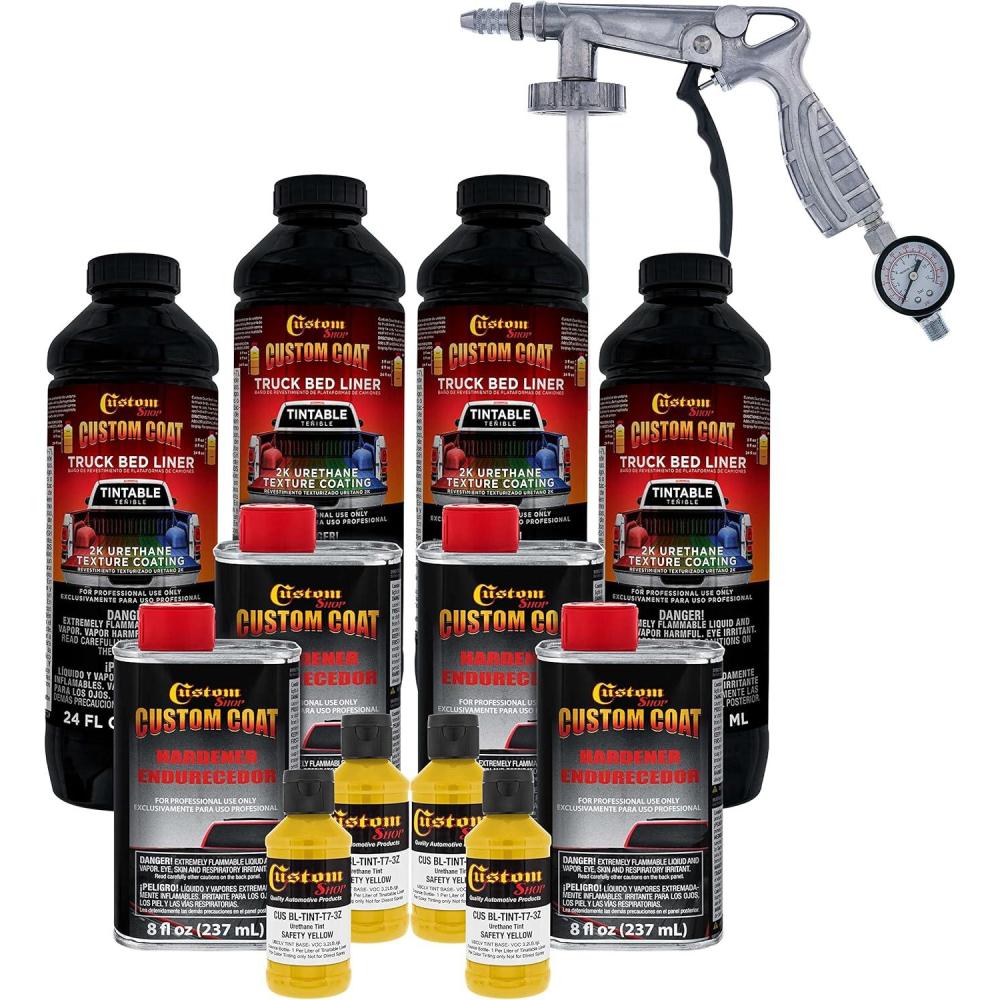imageCustom Coat Safety Yellow 1 Gallon Urethane SprayOn Truck Bed Liner Kit with Spray Gun and Regulator  Easy Mixing Shake Shoot It  Durable Textured Protective Coating Prevent Rust  Car Auto