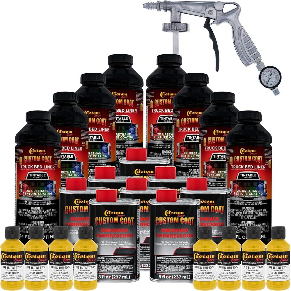 imageCustom Coat Safety Yellow 2 Gallon 8 Quart Urethane SprayOn Truck Bed Liner Kit with Spray Gun and Regulator  Easy Mixing Shake Shoot  Textured Protective Coating Prevent Rust  Car Auto