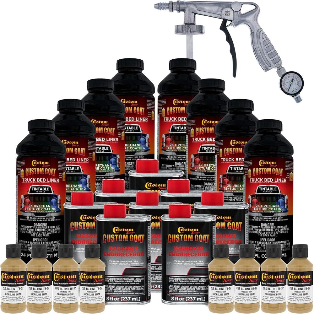 imageCustom Coat Shoreline Beige 2 Gallon 8 Quart Urethane SprayOn Truck Bed Liner Kit with Spray Gun and Regulator  Easy Mixing Shake Shoot  Textured Protective Coating Prevent Rust  Car Auto