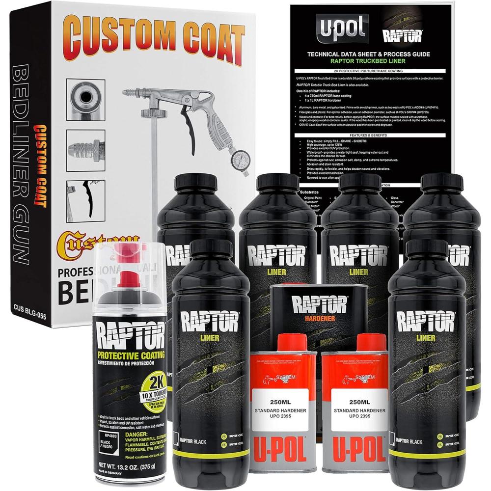 imageCustom Shop 6 Quart Kit  Black Urethane SprayOn Truck Bed Liner Kit with Custom Coat Spray Gun with Regulator Bonus Can of Aerosol Bedliner