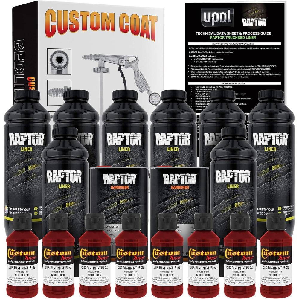 imageCustom Shop Blood Red Urethane SprayOn Truck Bed Liner Kit and Custom Coat Spray Gun with Regulator 8 Liters